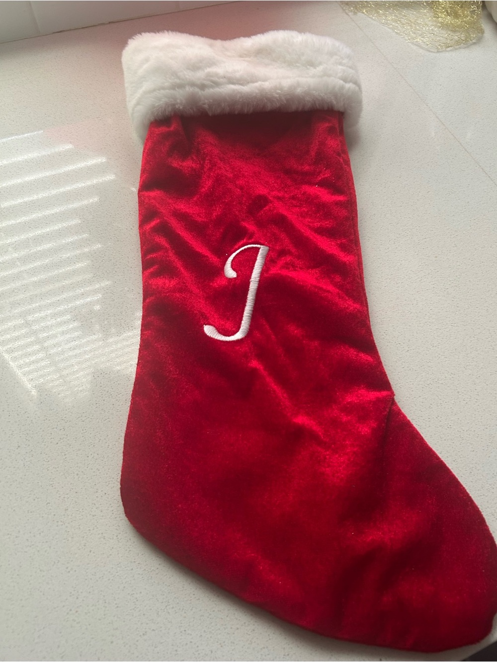 Monogrammed Red Velvet Holiday Stocking with White Cuff - LetterJ